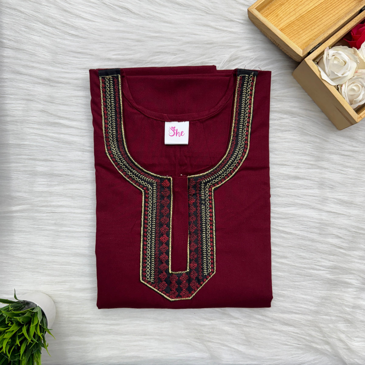 Neck Embroidery Plain Cotton Nighty, Free Size, Short Sleeve (54″-56″ length)