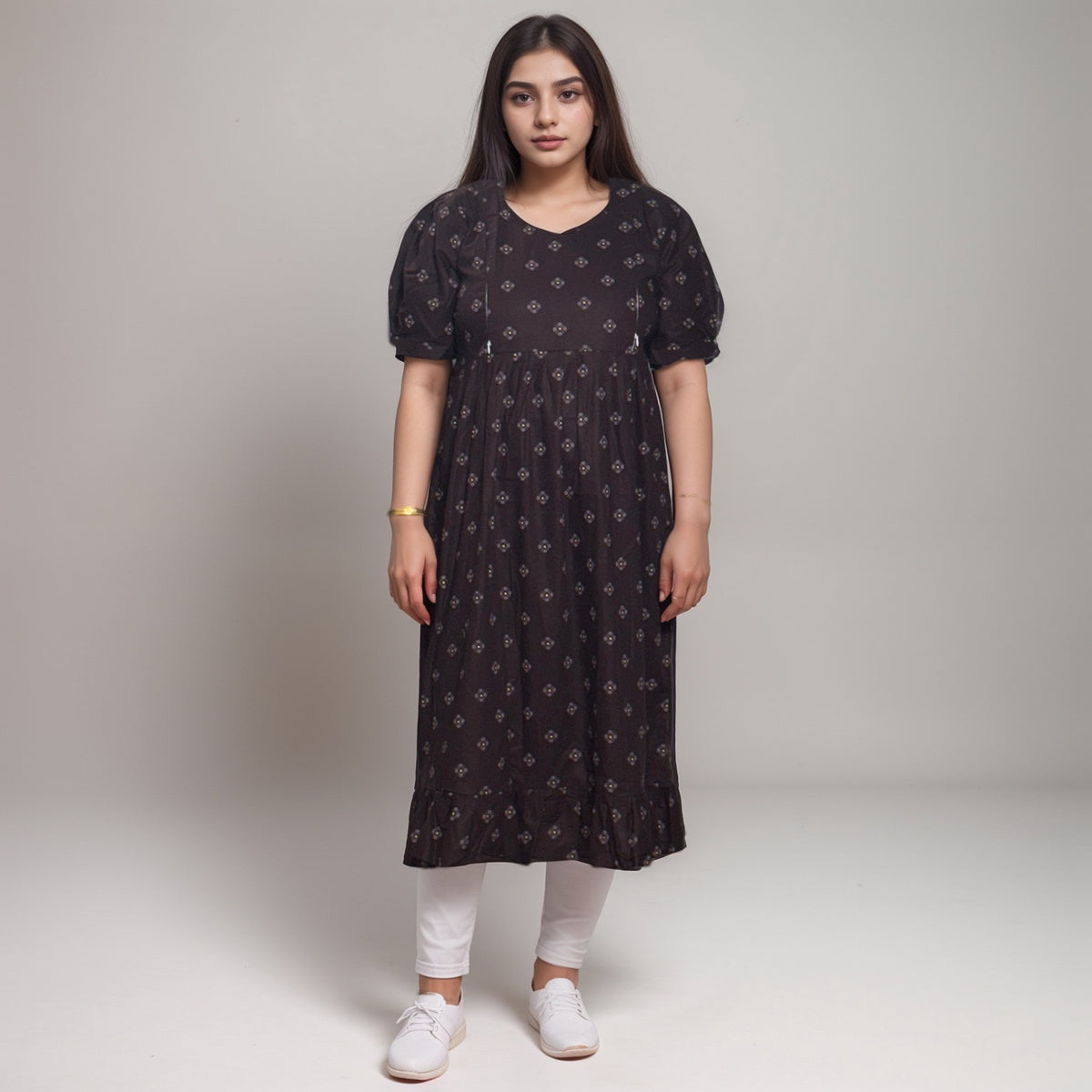 Frock Feeding Nighty, Free Size, Ankle Length, Tie-Up, Puff Sleeve Sleepwear in Softest Cotton Fabric (Bra Size 34"-38" | 50”-52″ length)