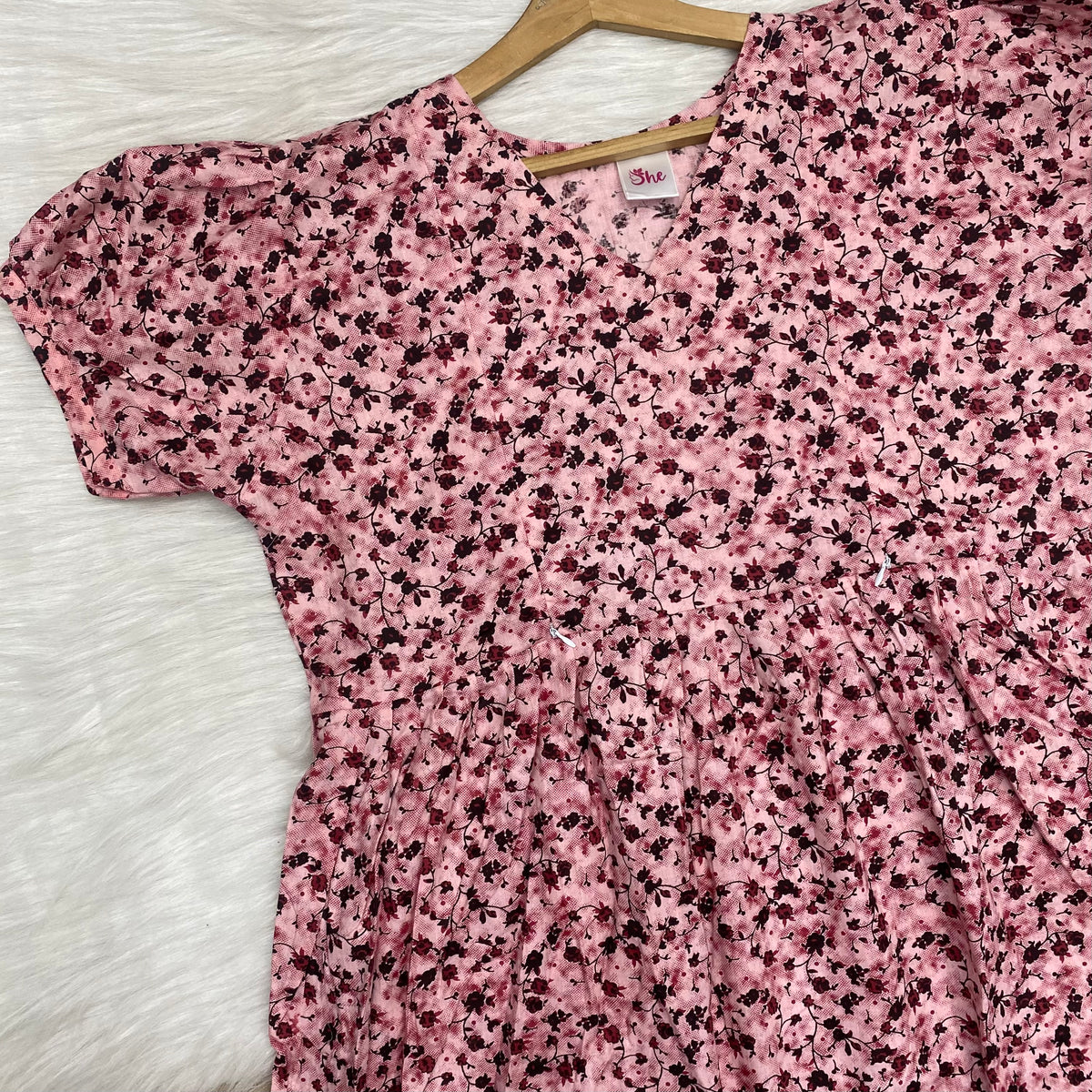 Frock Feeding Nighty, Free Size, Ankle Length, Tie-Up, Puff Sleeve Sleepwear in Softest Cotton Fabric (Bra Size 34"-38" | 50”-52″ length)