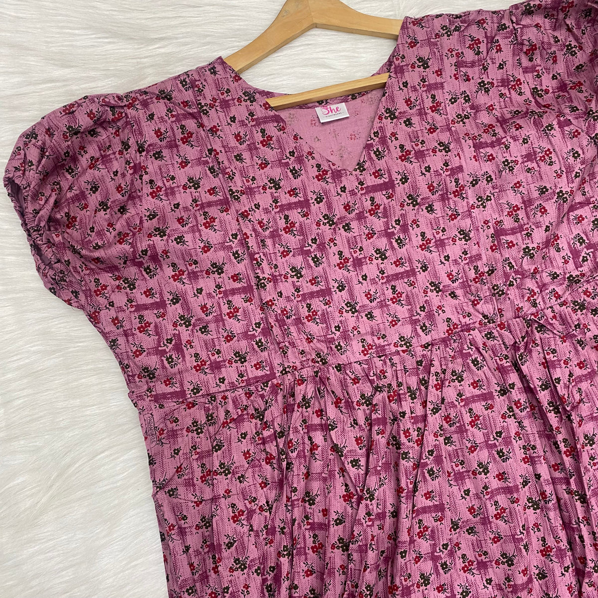 Frock Feeding Nighty, Free Size, Ankle Length, Tie-Up, Puff Sleeve Sleepwear in Softest Cotton Fabric (Bra Size 34"-38" | 50”-52″ length)