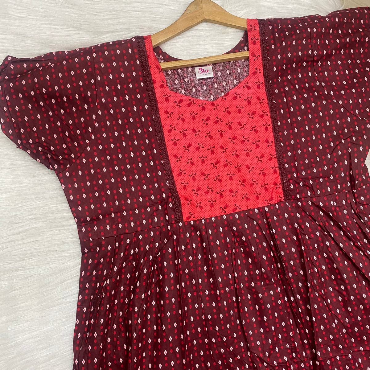 Frock Feeding Nighty, Free Size, Ankle Length, Tie-Up, Puff Sleeve Sleepwear in Softest Cotton Fabric (Bra Size 34"-38" | 50”-52″ length)