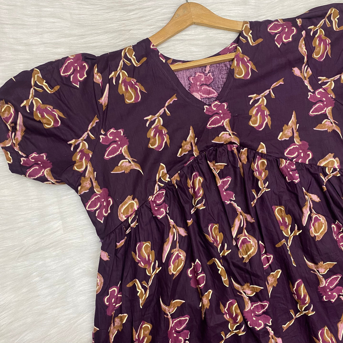 Feeding Frock Alia Cut, Free Size, Ankle Length, Tie-Up, Puff Sleeve Sleepwear in Softest Cotton Fabric (Bra Size 34"-38" | 50”-52″ length)