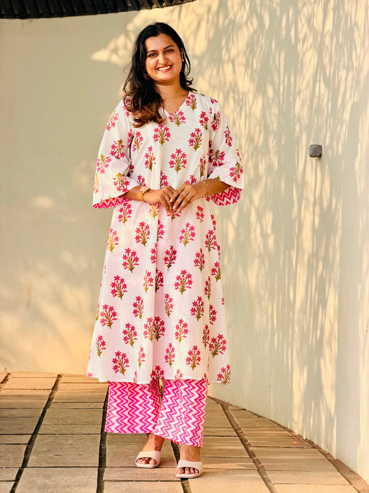 Vamika | She Wardrobe Premium Hand Block Print Cotton Maternity & Feeding Cordset – White Floral Print