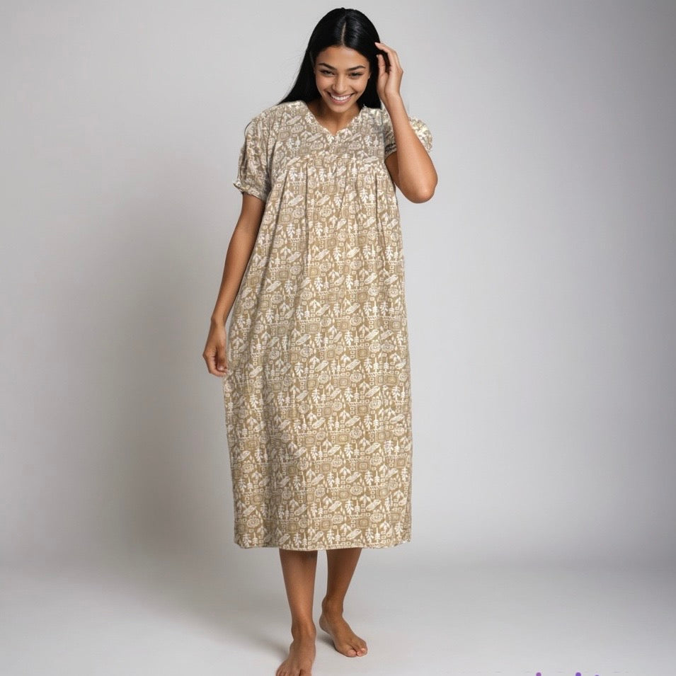 Frock Feeding Nighty Alia Cut, Free Size, Ankle Length, Tie-Up, Puff Sleeve Sleepwear in Softest Cotton Fabric (Bra Size 34"-38" | 50”-52″ length)