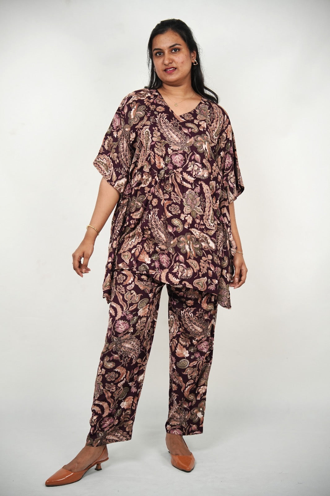 Maternity & Nursing Floral Kaftan Co-ord Set - Wine Paisley 2-Piece Feeding Wear