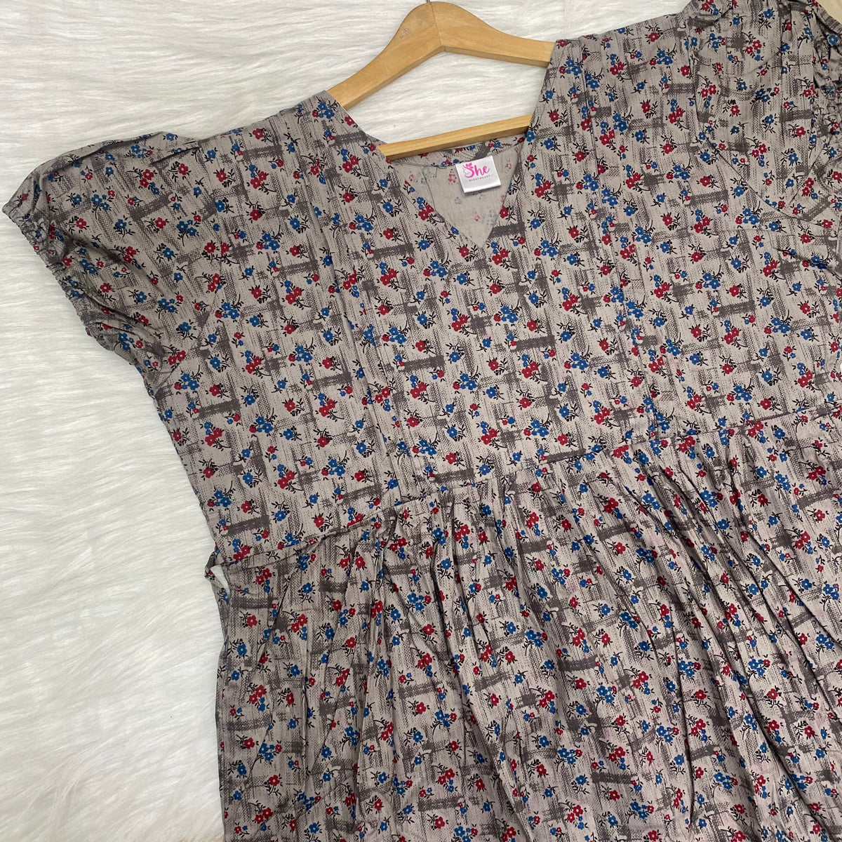 Frock Feeding Nighty, Free Size, Ankle Length, Tie-Up, Puff Sleeve Sleepwear in Softest Cotton Fabric (Bra Size 34"-38" | 50”-52″ length)
