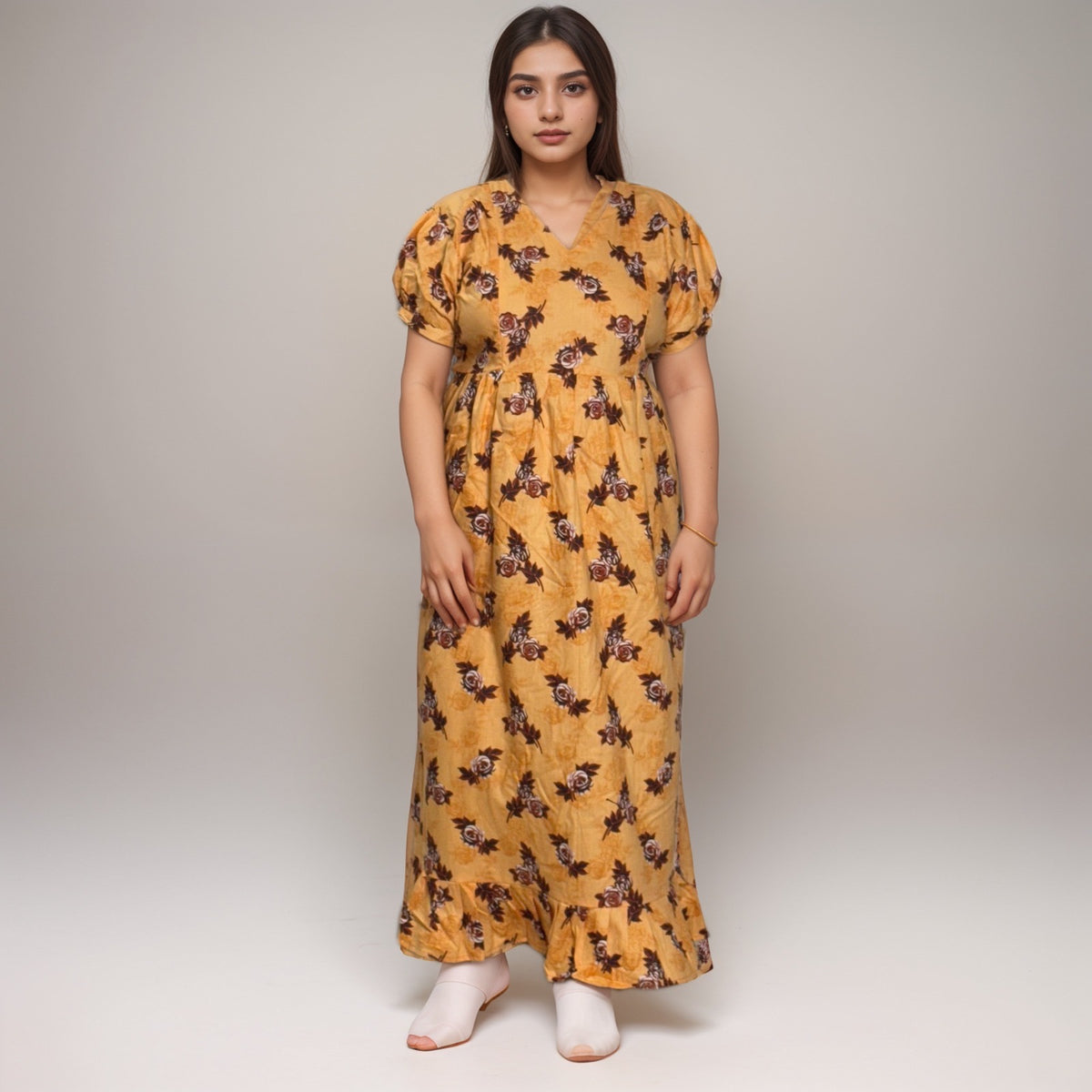 Frock Feeding Nighty, Free Size, Ankle Length, Tie-Up, Puff Sleeve Sleepwear in Softest Cotton Fabric (Bra Size 34"-38" | 50”-52″ length)