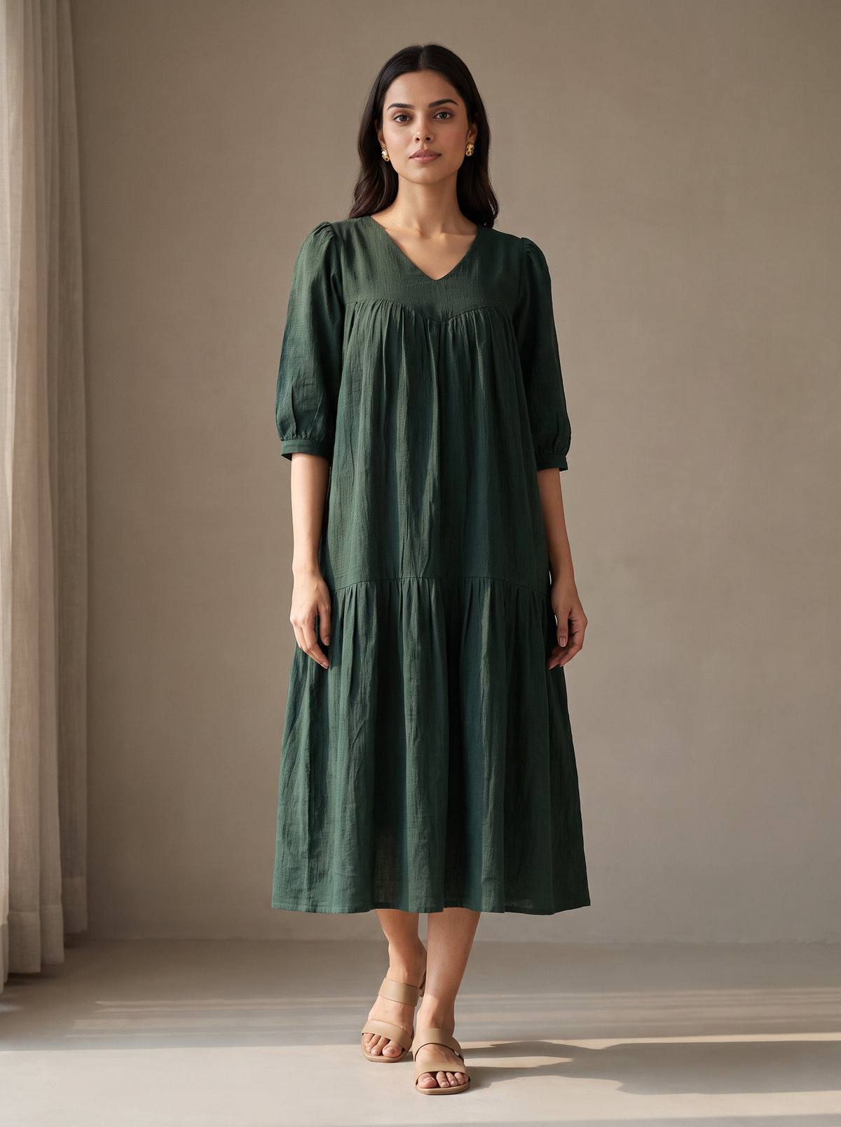 Juniper | She Wardrobe V-Neck Puff Sleeve Tiered Premium Double Gauze Muslin Maternity & Nursing Gown – Forest Green