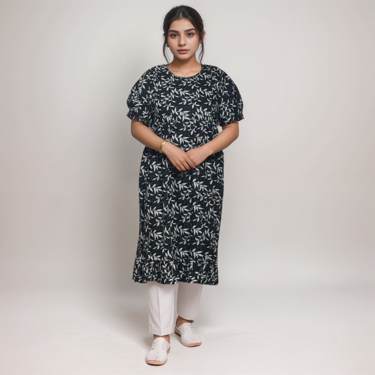 Frock Feeding Nighty, Free Size, Ankle Length, Tie-Up, Puff Sleeve Sleepwear in Softest Cotton Fabric (Bra Size 34"-38" | 50”-52″ length)