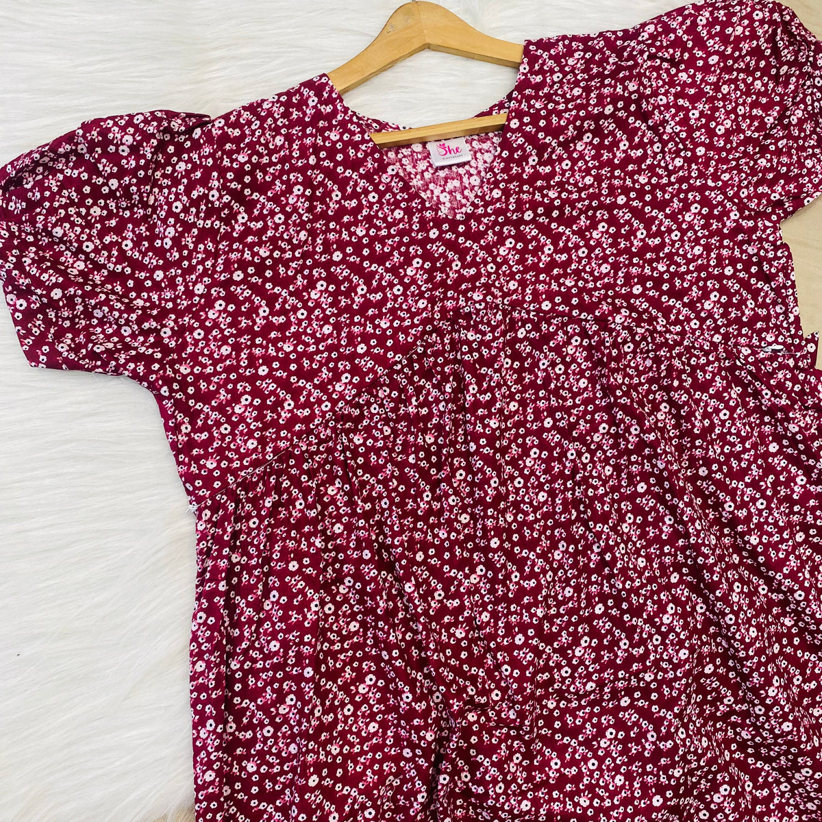 Feeding Frock Alia Cut, Free Size, Ankle Length, Tie-Up, Puff Sleeve Sleepwear in Softest Cotton Fabric (Bra Size 34"-38" | 50”-52″ length)