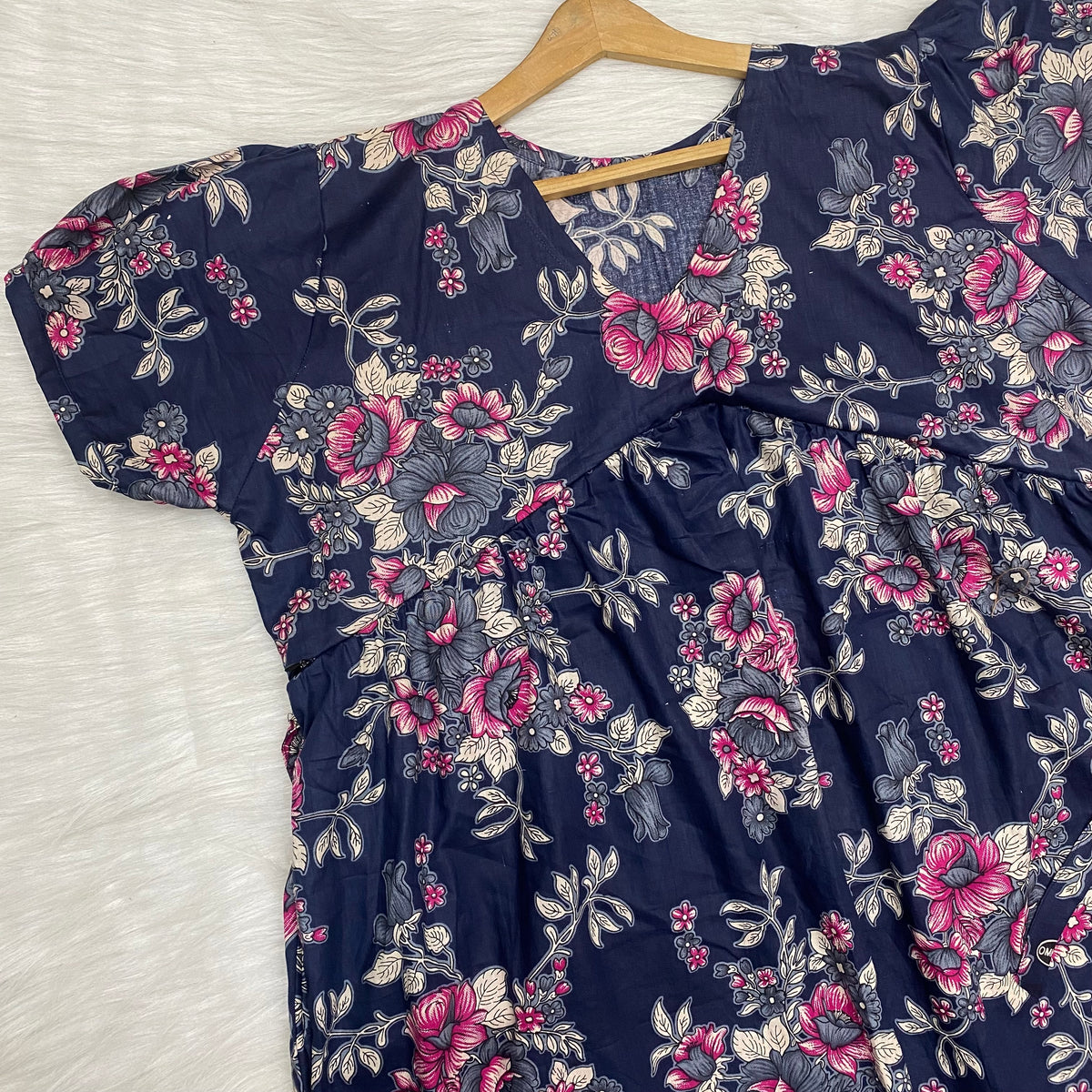 Feeding Frock Alia Cut, Free Size, Ankle Length, Tie-Up, Puff Sleeve Sleepwear in Softest Cotton Fabric (Bra Size 34"-38" | 50”-52″ length)