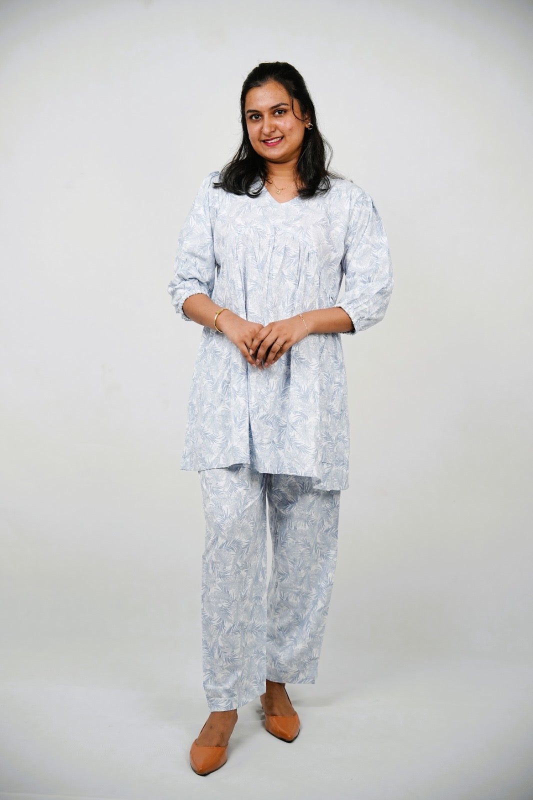 Soft Blue Leaf Print Maternity & Feeding Friendly Soft Premium Rayon Cotton Coord Set