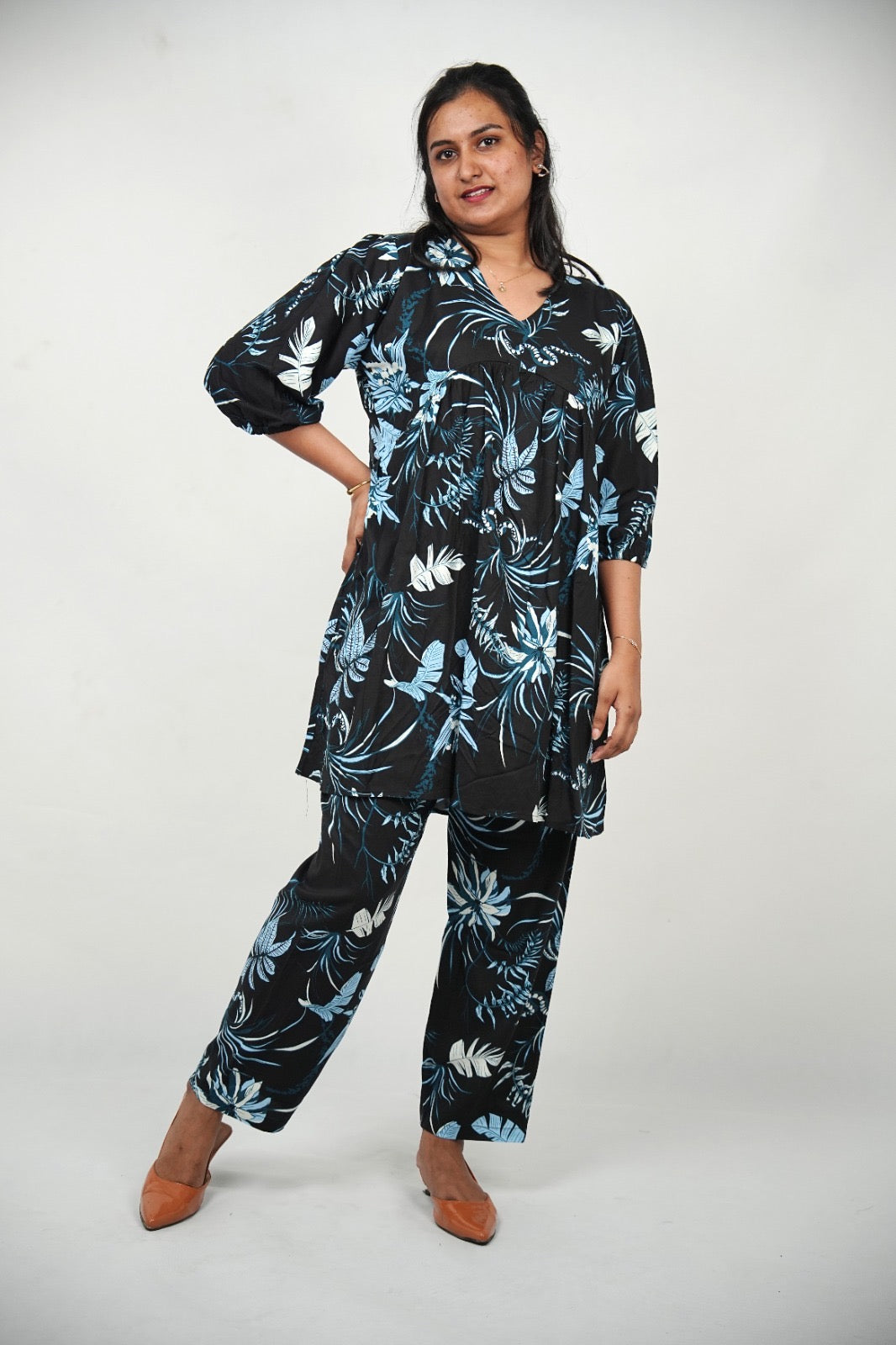 Midnight Blue Tropical Leaf Maternity & Feeding Friendly Soft Premium Rayon Cotton Coord Set