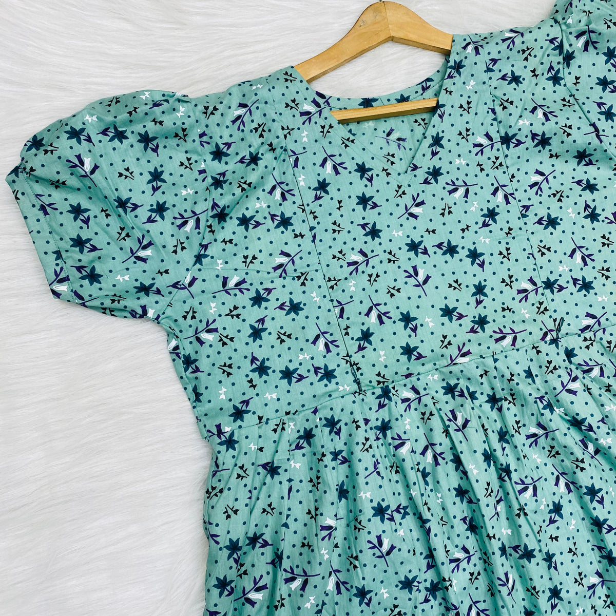 Frock Feeding Nighty, Free Size, Ankle Length, Tie-Up, Puff Sleeve Sleepwear in Softest Cotton Fabric (Bra Size 34"-38" | 50”-52″ length)
