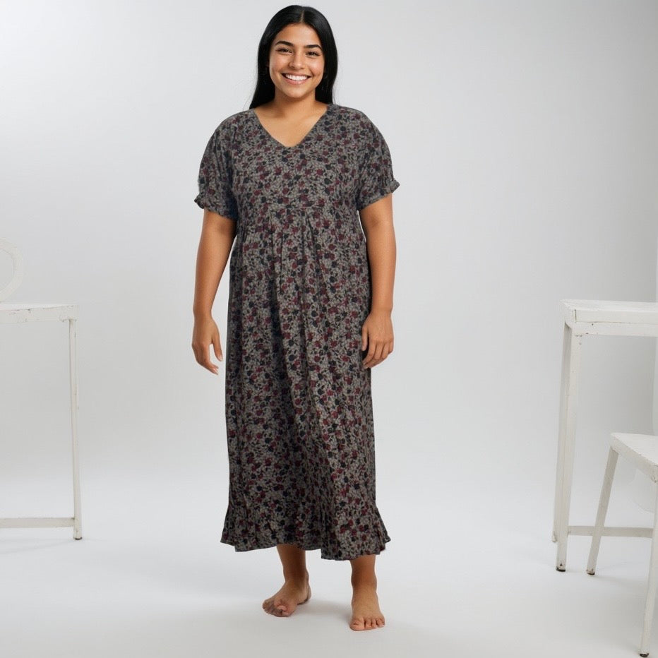 Frock Feeding Nighty, Free Size, Ankle Length, Tie-Up, Puff Sleeve Sleepwear in Softest Cotton Fabric (Bra Size 34"-38" | 50”-52″ length)