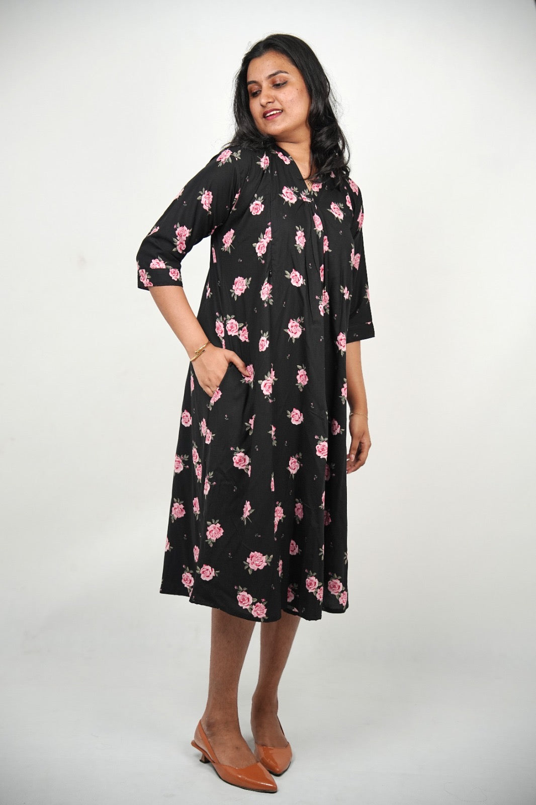 Midnight Rose Maternity & Nursing Midi Dress with Concealed Zippers