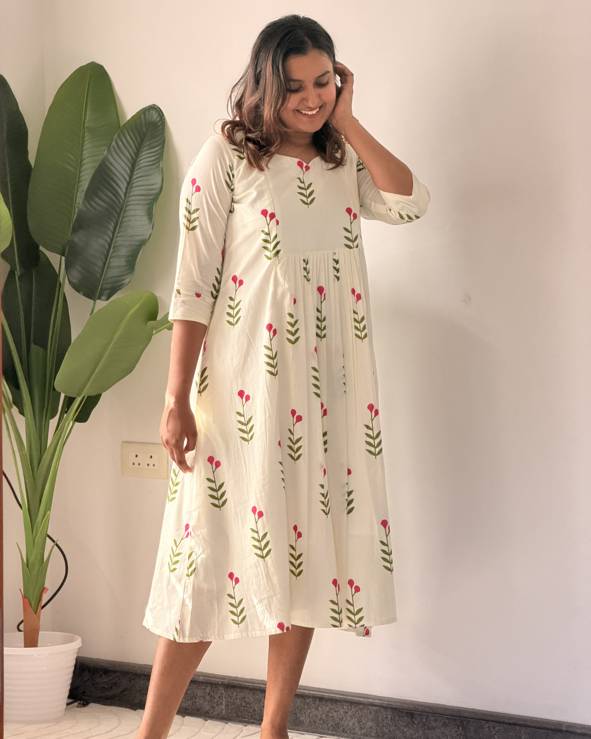 Avira | She Wardrobe Premium Cotton Maternity & Nursing Feeding Frock – Ivory Bloom