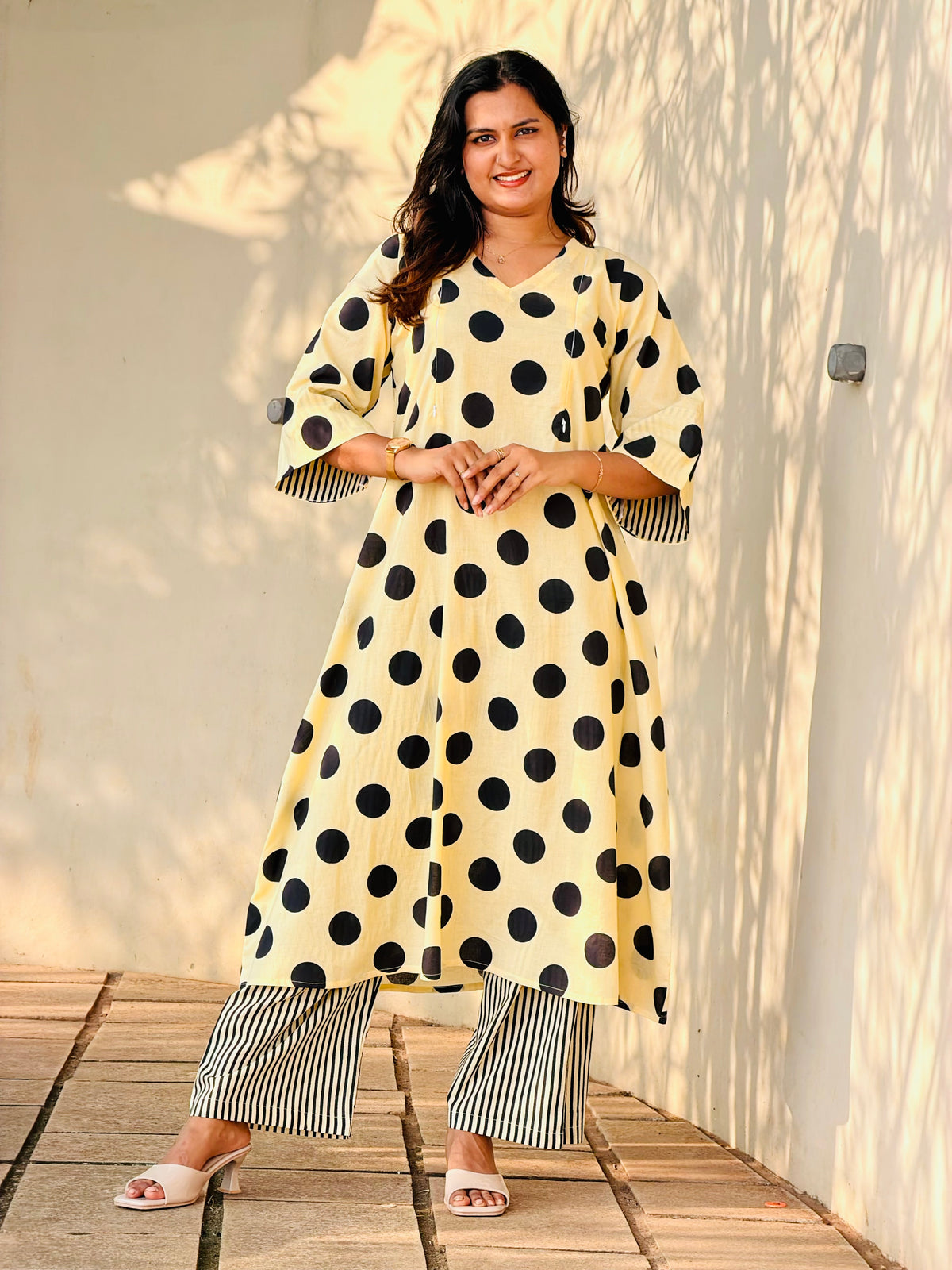 Zivara | She Wardrobe Premium Hand Block Print Cotton Maternity & Feeding Cordset – Cream Black Polka Dot Print