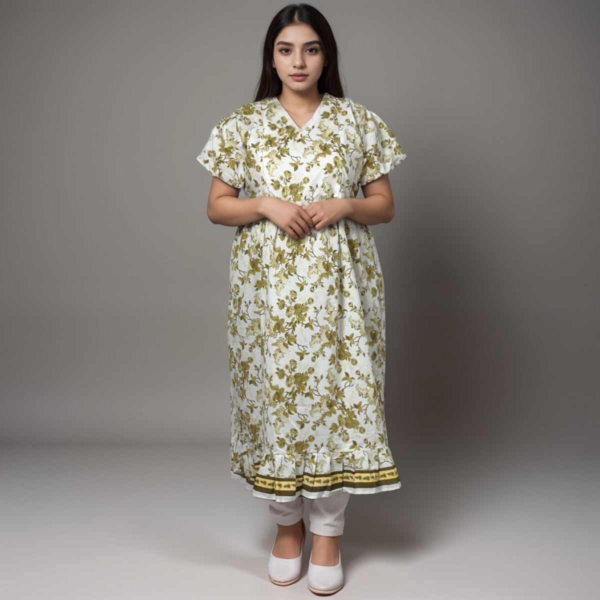 Frock Feeding Nighty, V-Neck, Free Size, Ankle Length, Tie-Up, Puff Sleeve Sleepwear in Softest Cotton Fabric (Bra Size 34"-38" | 50”-52″ length)