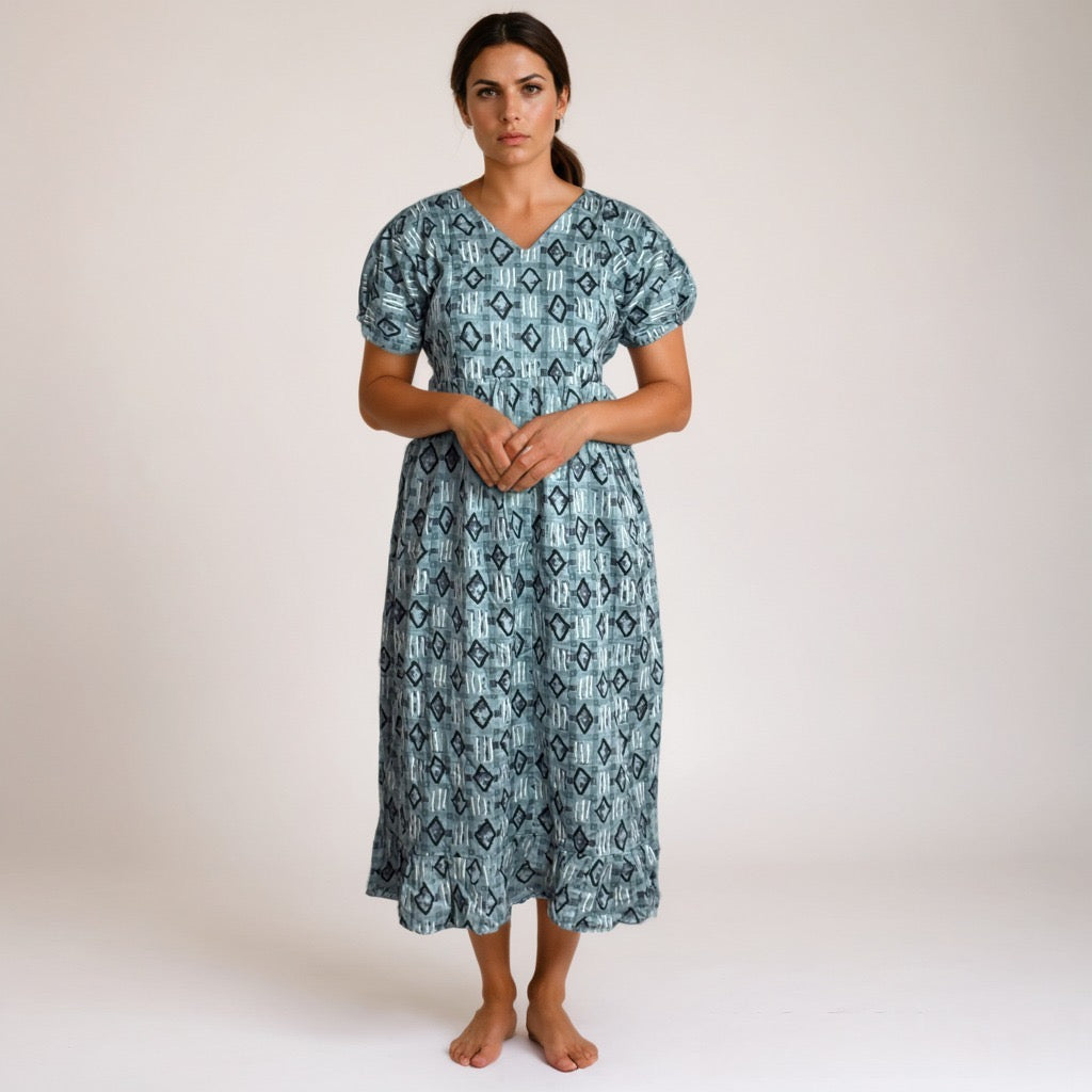 Frock Feeding Nighty, Free Size, Ankle Length, Tie-Up, Puff Sleeve Sleepwear in Softest Cotton Fabric (Bra Size 34"-38" | 50”-52″ length)