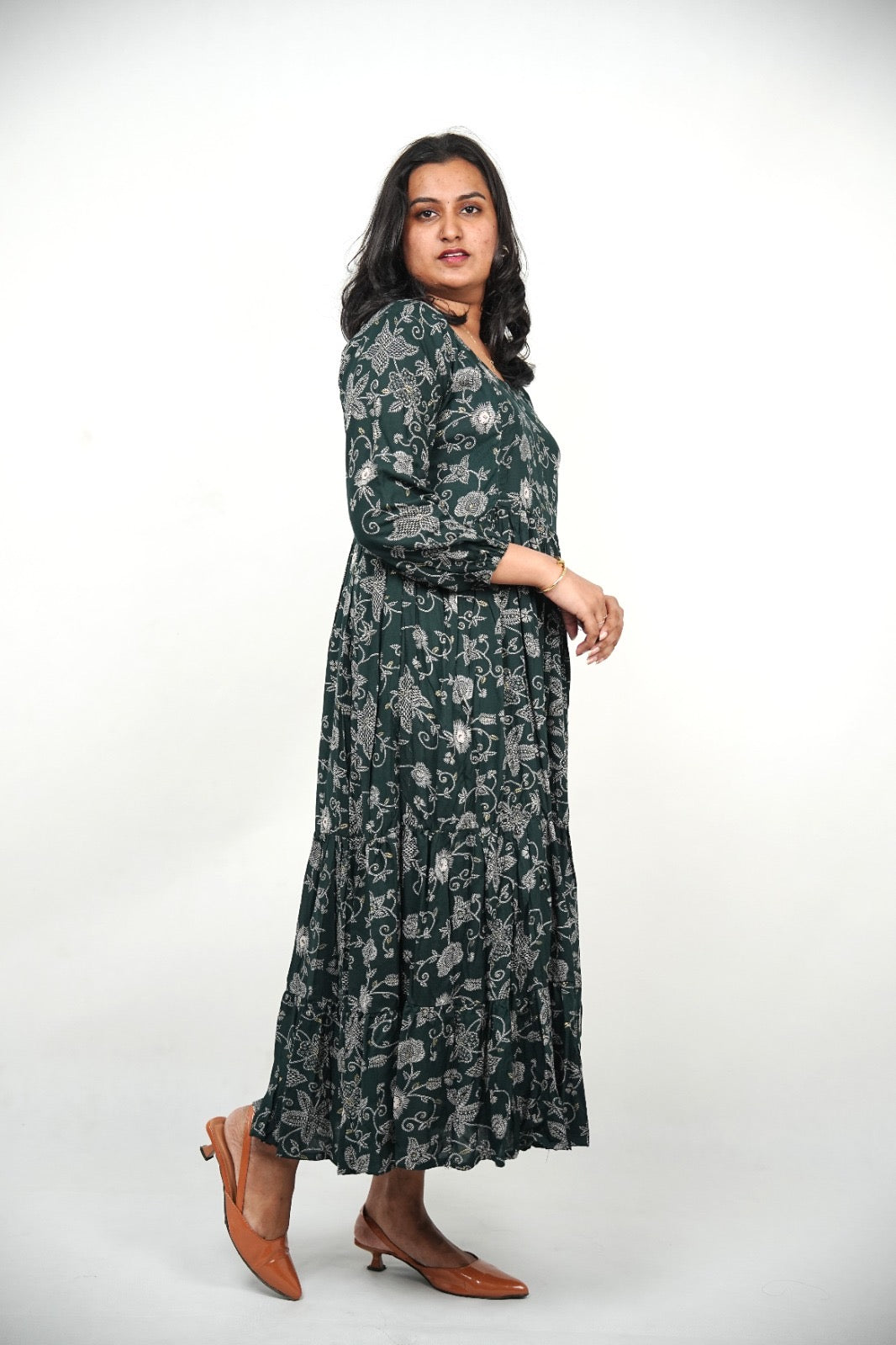 Forest Green Vine Tiered Ankle-Length Maternity & Feeding Kurti