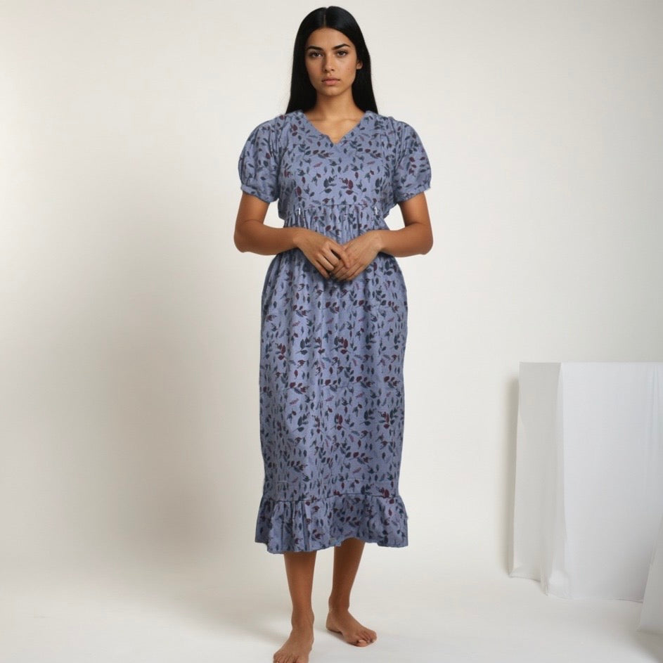 Frock Feeding Nighty, Free Size, Ankle Length, Tie-Up, Puff Sleeve Sleepwear in Softest Cotton Fabric (Bra Size 34"-38" | 50”-52″ length)