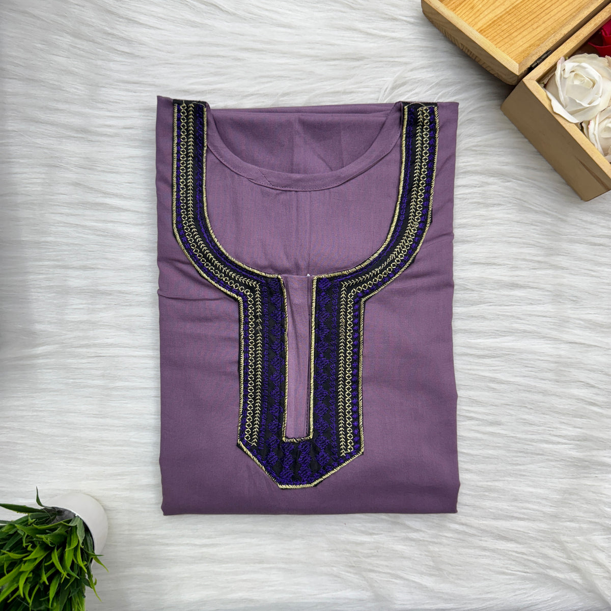 Neck Embroidery Plain Cotton Nighty, Free Size, Short Sleeve (54″-56″ length)