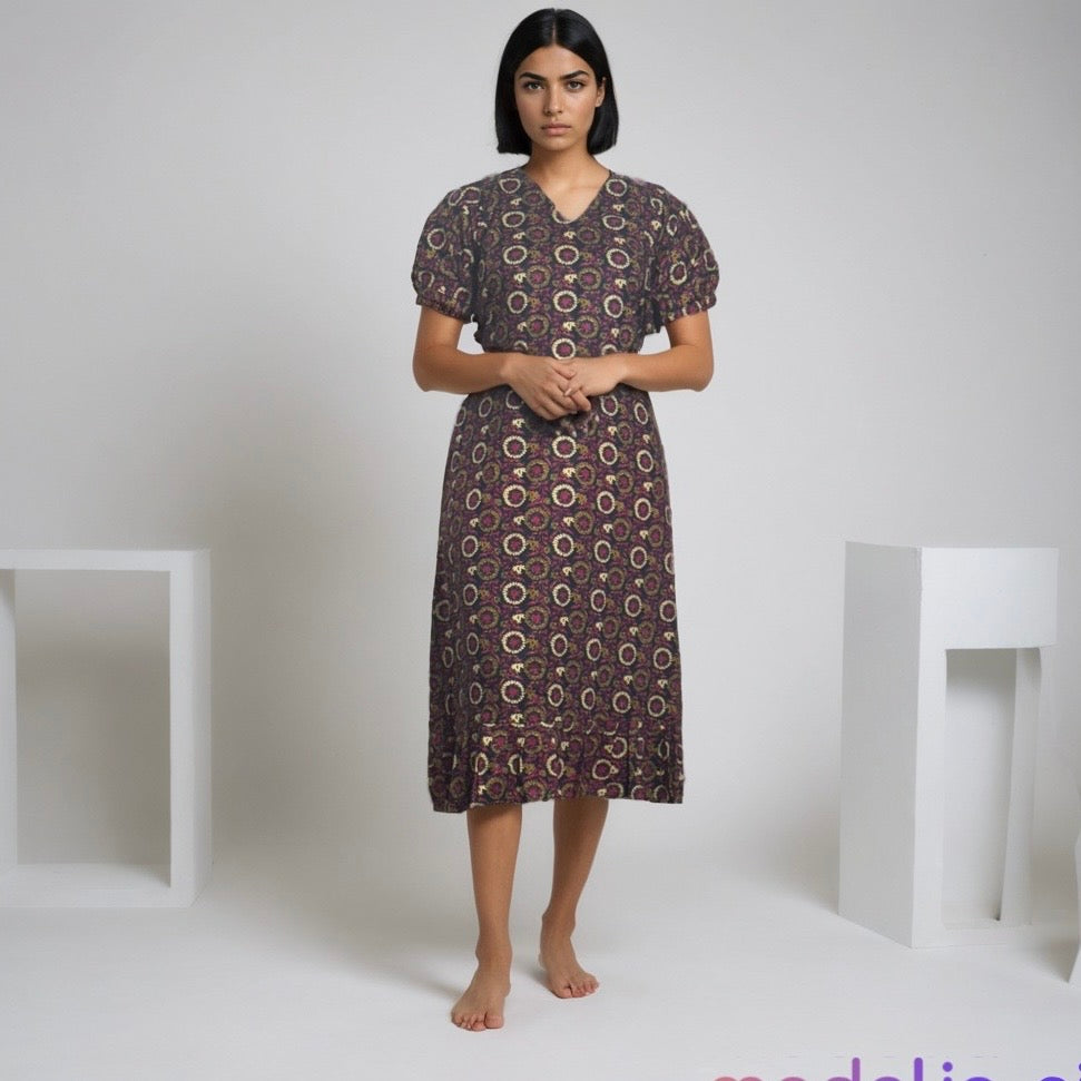 Frock Wear, Free Size, Ankle Length, Tie-Up, Puff Sleeve Sleepwear in Softest Cotton Fabric (Bra Size 34"-38" | 50”-52″ length)
