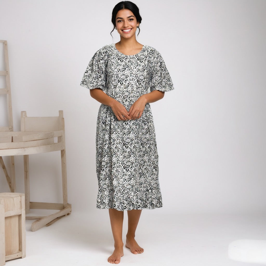 Frock Feeding Nighty, Free Size, Ankle Length, Tie-Up, Puff Sleeve Sleepwear in Softest Cotton Fabric (Bra Size 34"-38" | 50”-52″ length)