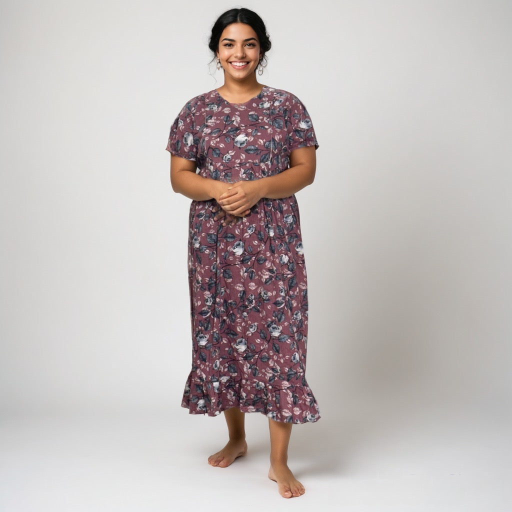 Frock Feeding Nighty, Free Size, Ankle Length, Tie-Up, Puff Sleeve Sleepwear in Softest Cotton Fabric (Bra Size 34"-38" | 50”-52″ length)