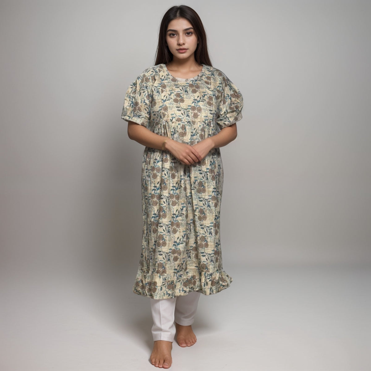 Frock Feeding Nighty, Free Size, Ankle Length, Tie-Up, Puff Sleeve Sleepwear in Softest Cotton Fabric (Bra Size 34"-38" | 50”-52″ length)