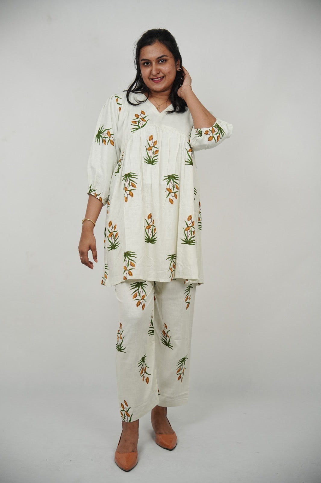 Ivory Floral Maternity & Feeding Friendly Soft Premium Rayon Cotton Coord Set