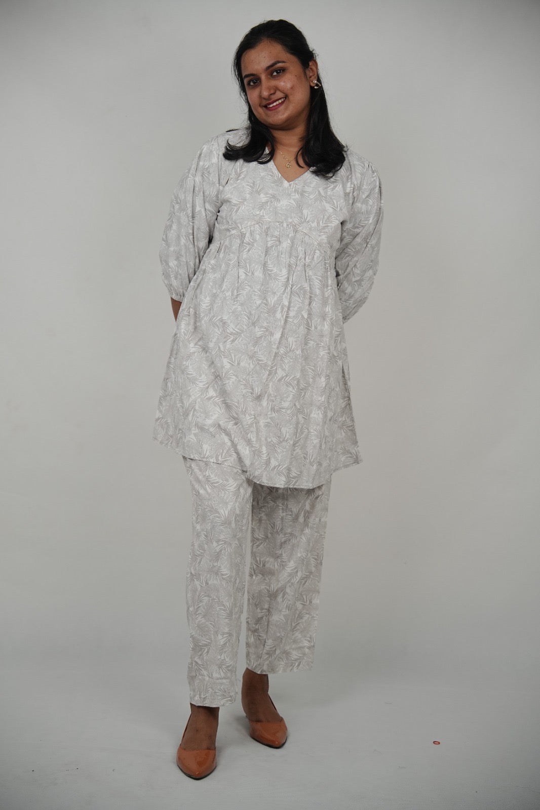 Minimal Grey Botanical Print Soft Premium Rayon Cotton Coord Set