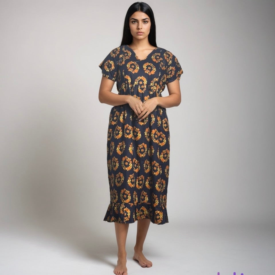 Frock Feeding Nighty, Free Size, Ankle Length, Tie-Up, Puff Sleeve Sleepwear in Softest Cotton Fabric (Bra Size 34"-38" | 50”-52″ length)