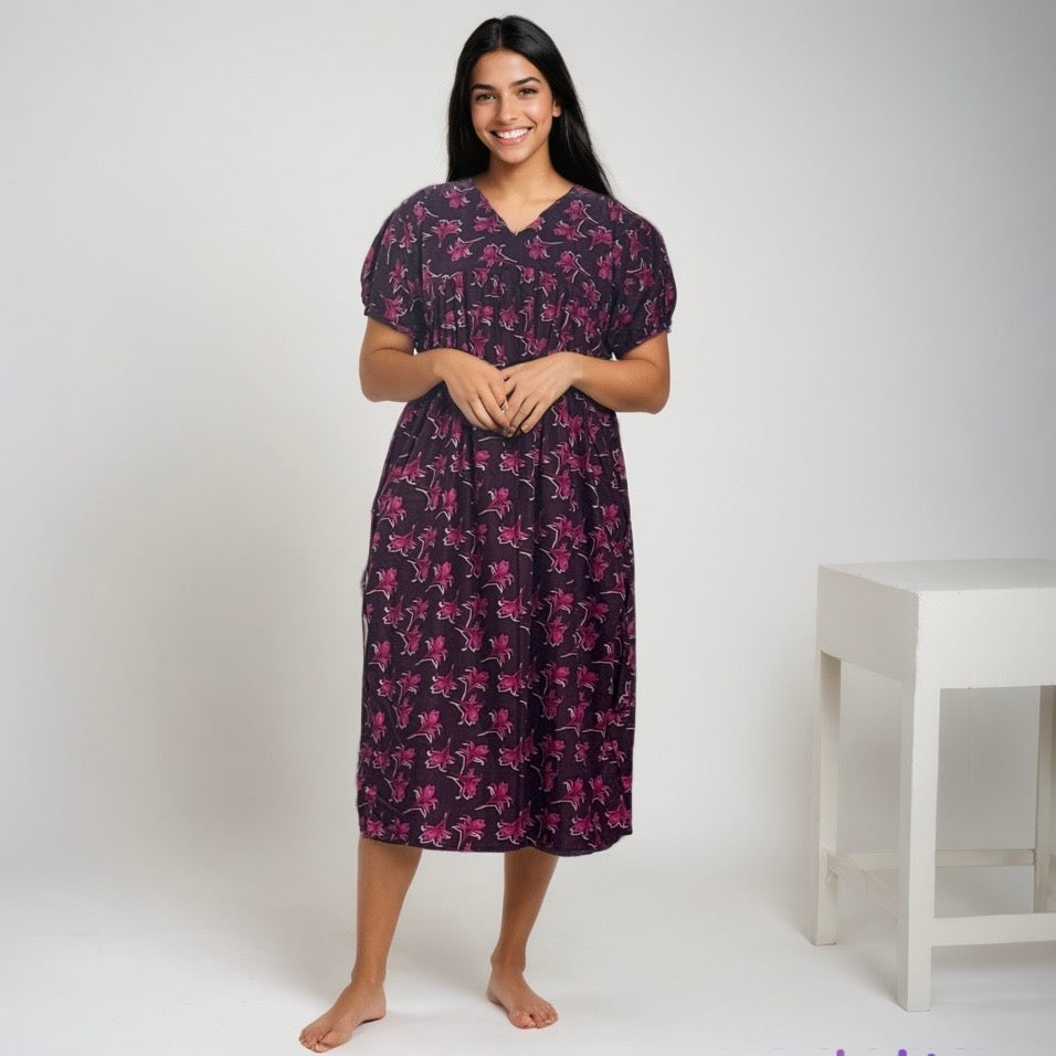 Frock Feeding Nighty Alia Cut, Free Size, Ankle Length, Tie-Up, Puff Sleeve Sleepwear in Softest Cotton Fabric (Bra Size 34"-38" | 50”-52″ length)