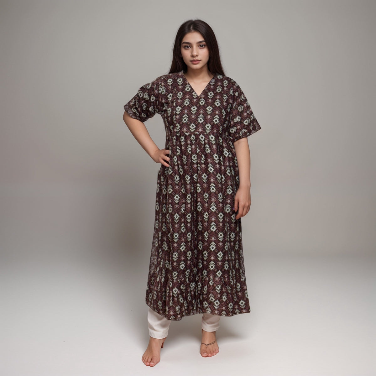Frock Feeding Nighty, V-Neck, Free Size, Ankle Length, Tie-Up, Puff Sleeve Sleepwear in Softest Cotton Fabric (Bra Size 34"-38" | 50”-52″ length)