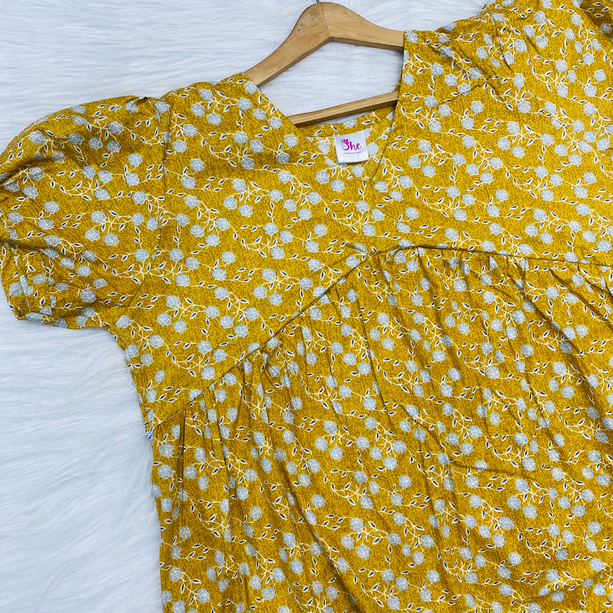 Feeding Frock Alia Cut, Free Size, Ankle Length, Tie-Up, Puff Sleeve Sleepwear in Softest Cotton Fabric (Bra Size 34"-38" | 50”-52″ length)