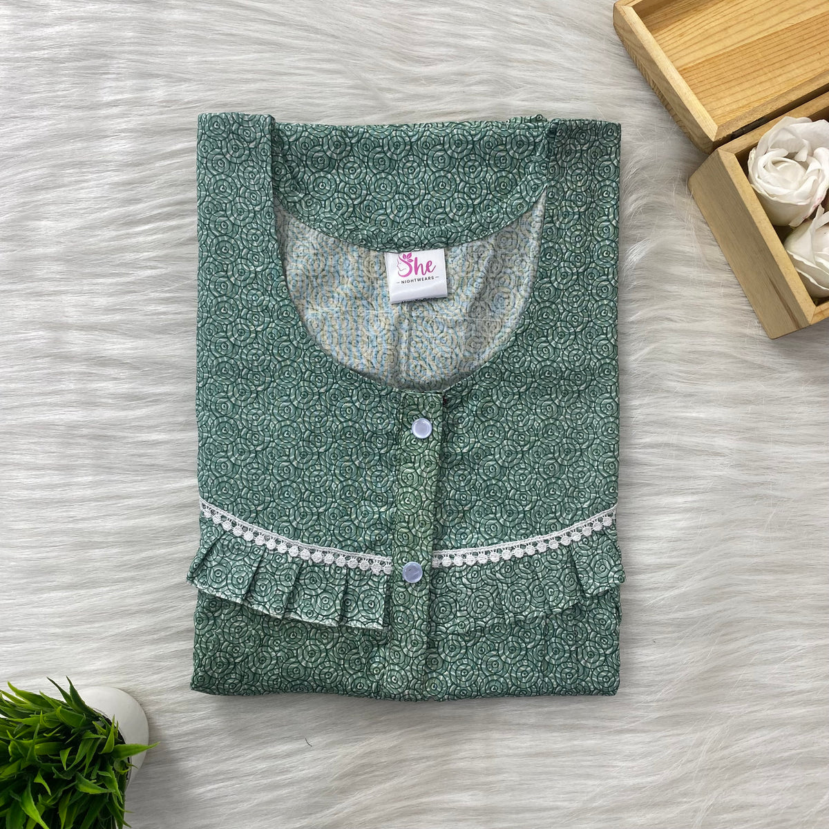 Frill Zip Cotton Nighty, Free Size, Short Sleeve Sleepwear in Softest Cotton Fabric (54″-56″ length)