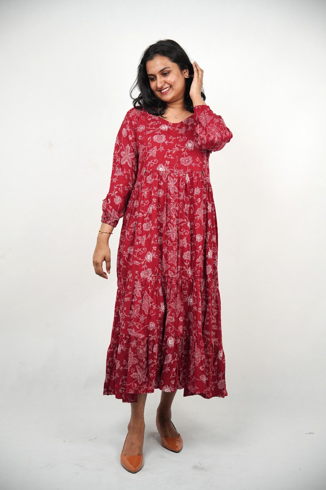 Crimson Vine Tiered Ankle-Length Maternity & Feeding Kurtis