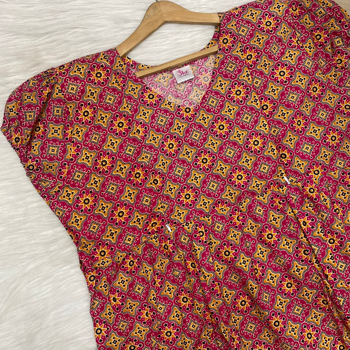 Frock Feeding Nighty, Free Size, Ankle Length, Tie-Up, Puff Sleeve Sleepwear in Softest Cotton Fabric (Bra Size 34"-38" | 50”-52″ length)