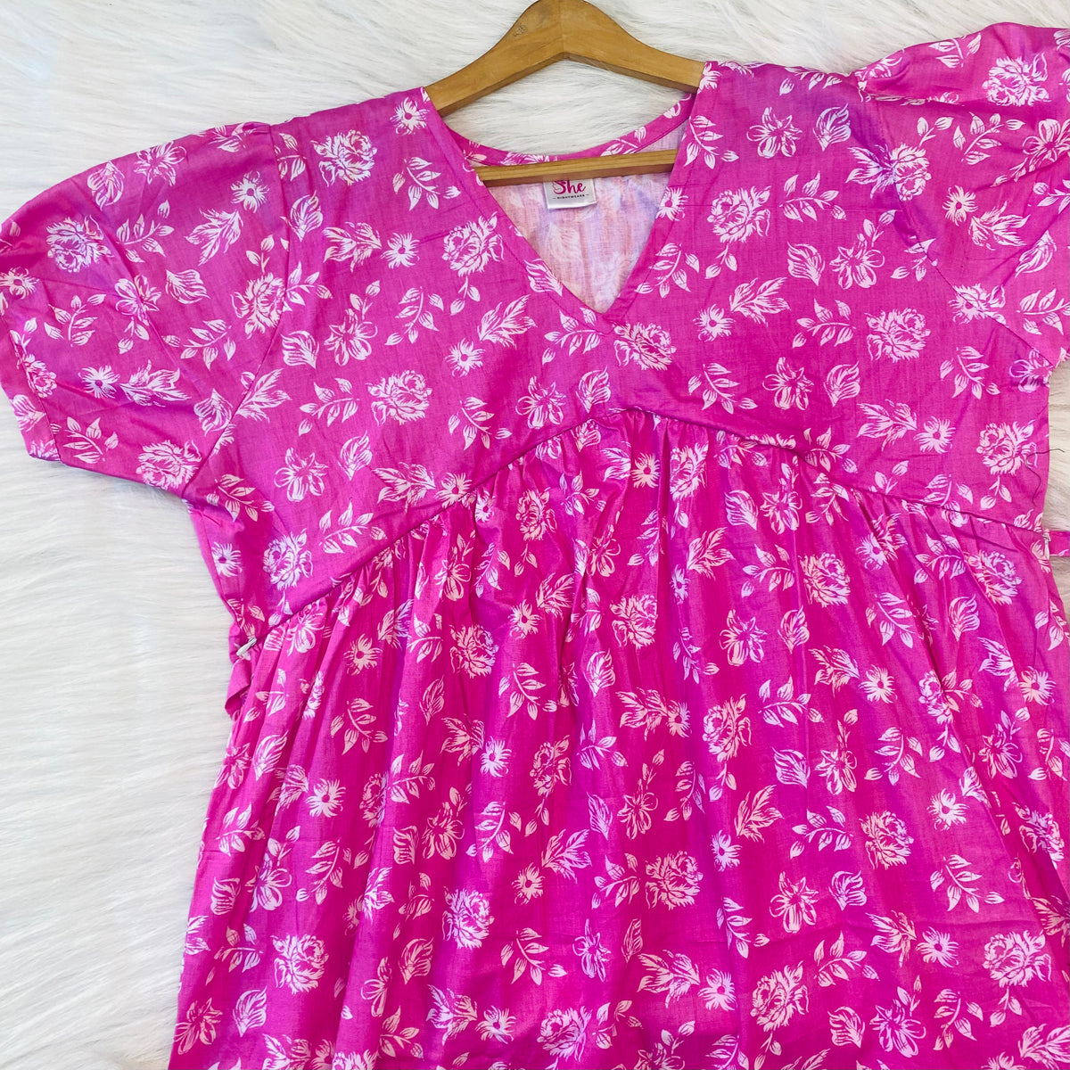 Feeding Frock Alia Cut, Free Size, Ankle Length, Tie-Up, Puff Sleeve Sleepwear in Softest Cotton Fabric (Bra Size 34"-38" | 50”-52″ length)