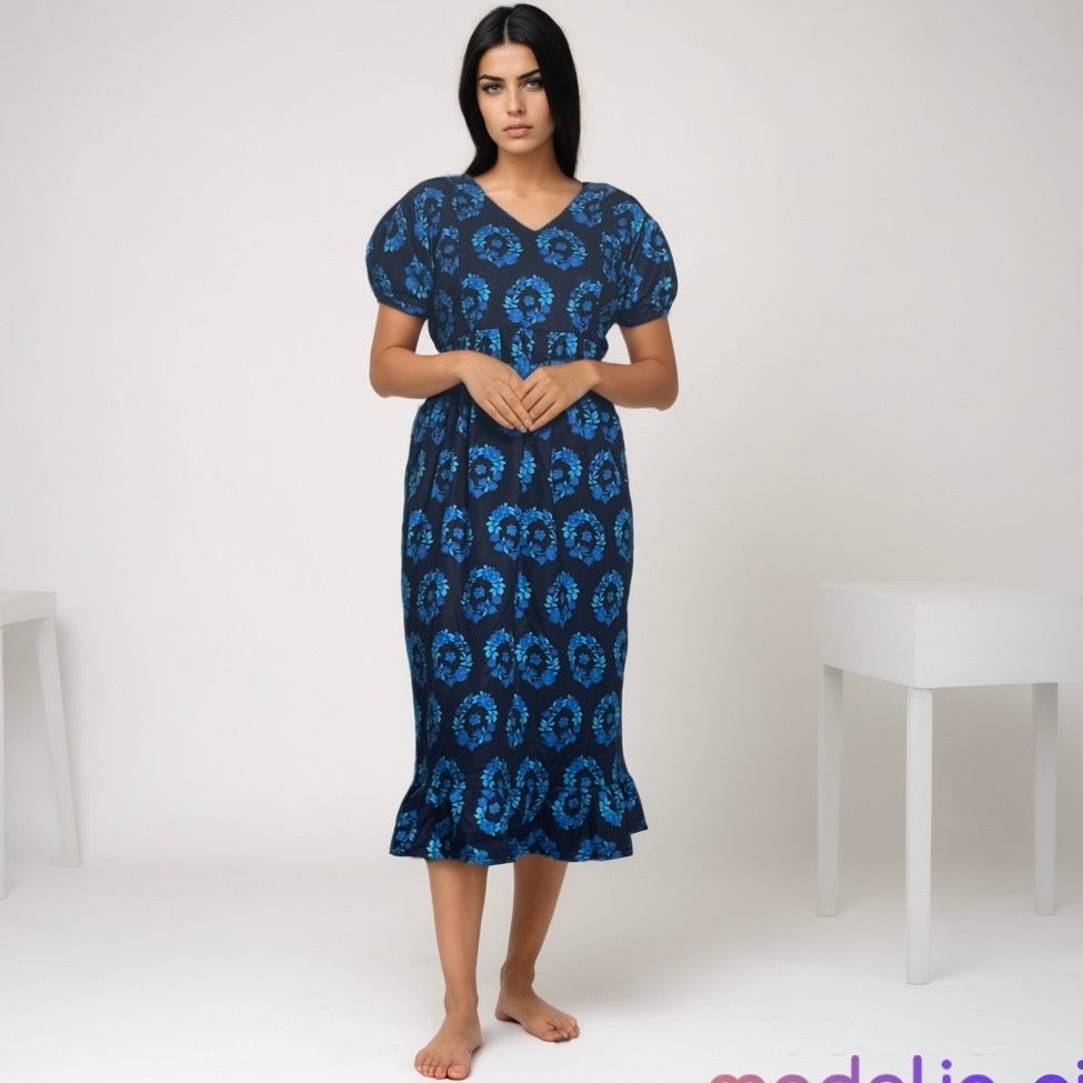 Frock Feeding Nighty, Free Size, Ankle Length, Tie-Up, Puff Sleeve Sleepwear in Softest Cotton Fabric (Bra Size 34"-38" | 50”-52″ length)