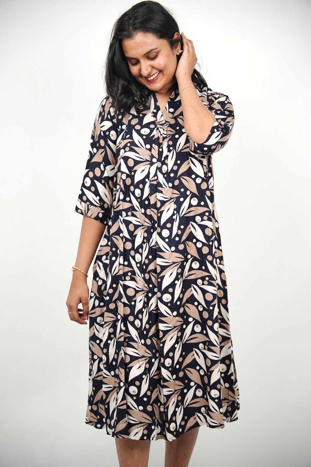 Navy Blue Abstract Pattern Maternity & Nursing Midi Dress with Hidden Feeding Zippers