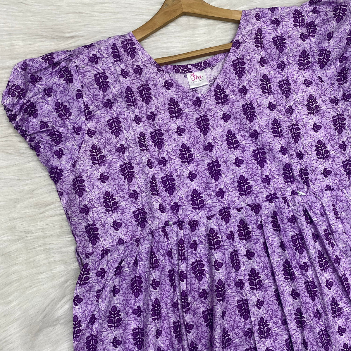 Frock Feeding Nighty, Free Size, Ankle Length, Tie-Up, Puff Sleeve Sleepwear in Softest Cotton Fabric (Bra Size 34"-38" | 50”-52″ length)
