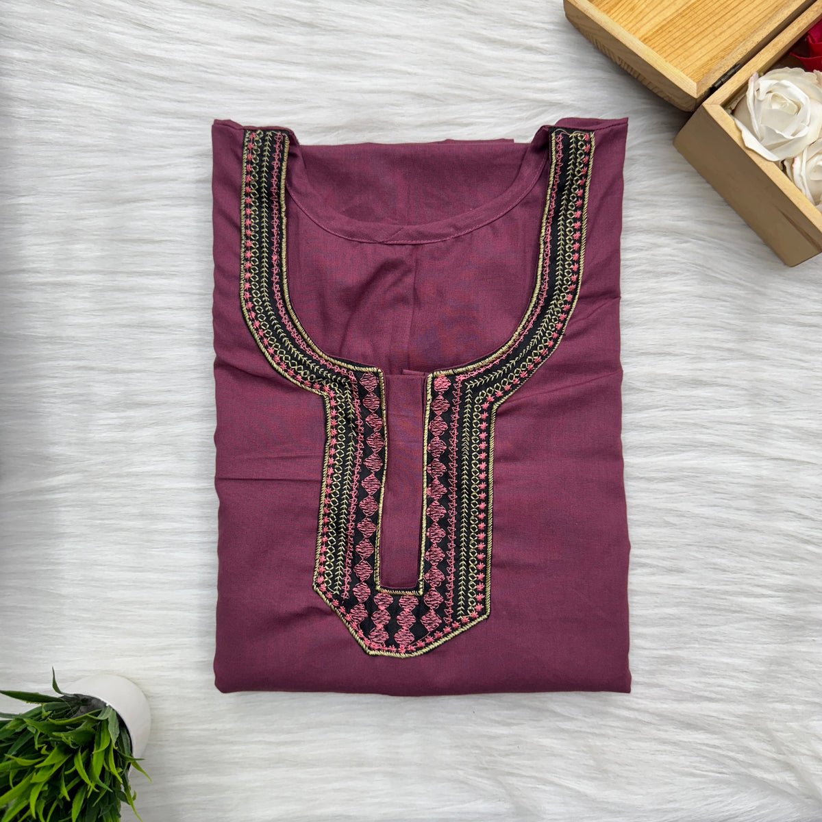 Neck Embroidery Plain Cotton Nighty, Free Size, Short Sleeve (54″-56″ length)