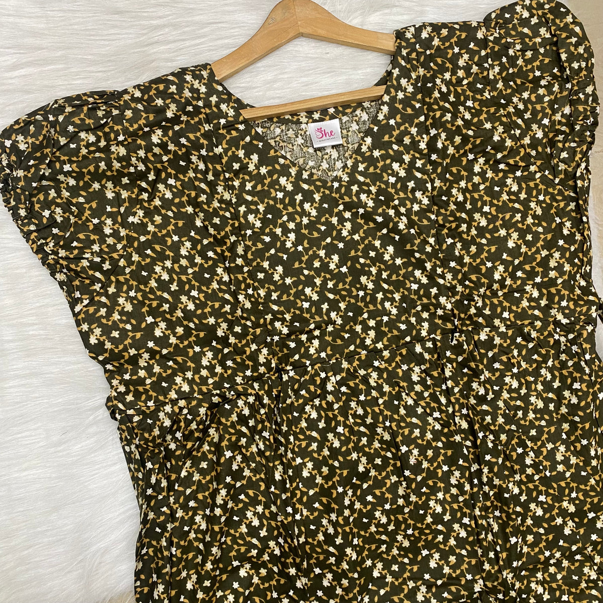 Frock Feeding Nighty, Free Size, Ankle Length, Tie-Up, Puff Sleeve Sleepwear in Softest Cotton Fabric (Bra Size 34"-38" | 50”-52″ length)