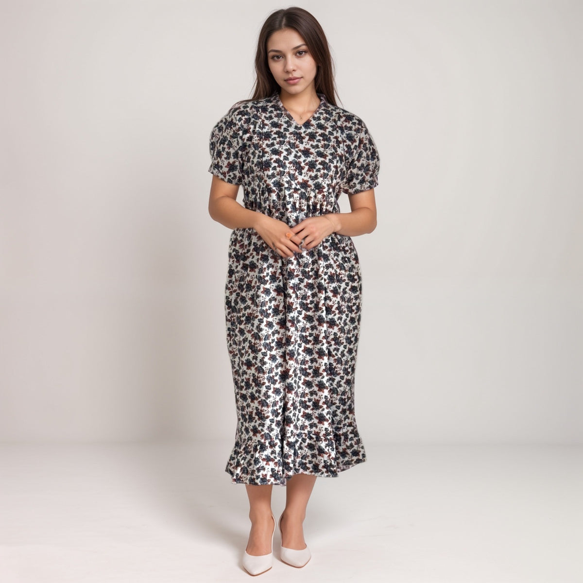 Frock Feeding Nighty, Free Size, Ankle Length, Tie-Up, Puff Sleeve Sleepwear in Softest Cotton Fabric (Bra Size 34"-38" | 50”-52″ length)