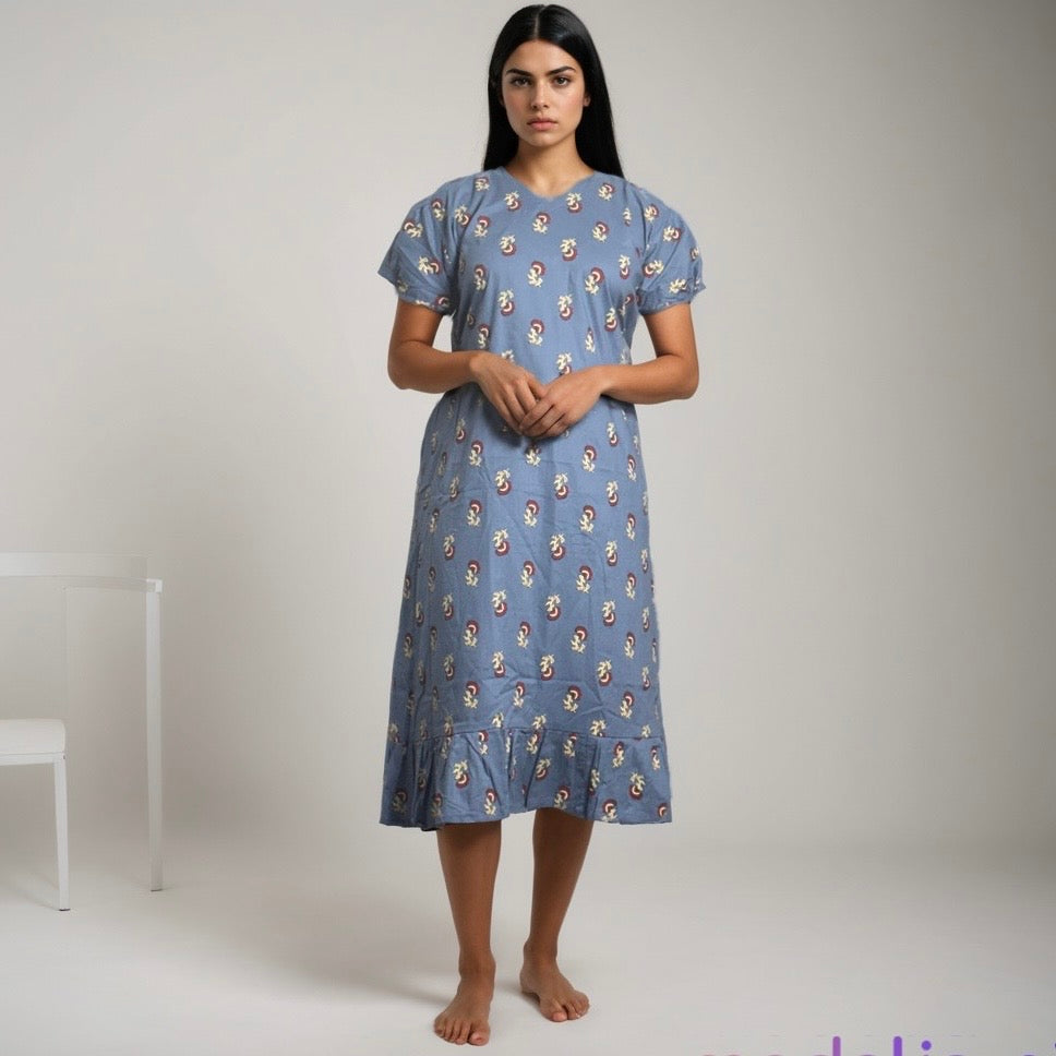 Frock Wear, Free Size, Ankle Length, Tie-Up, Puff Sleeve Sleepwear in Softest Cotton Fabric (Bra Size 34"-38" | 50”-52″ length)