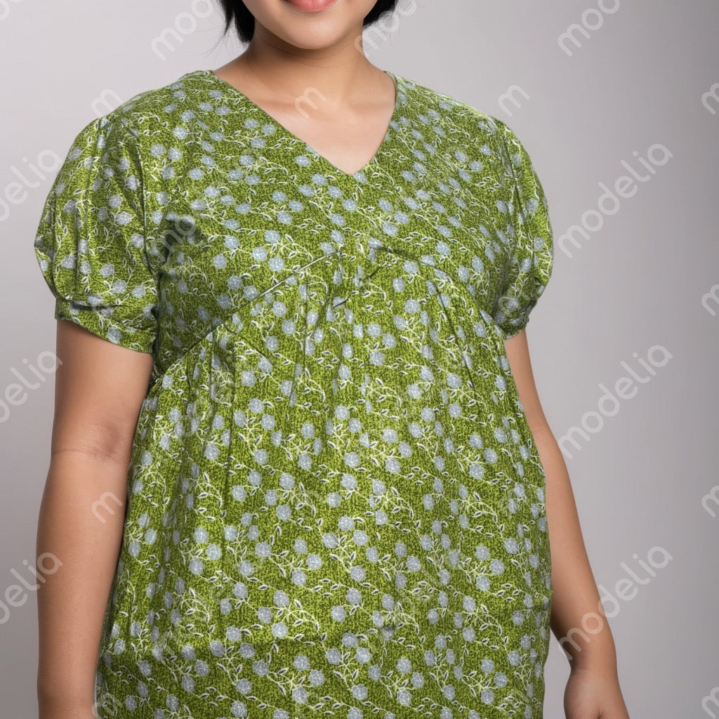 Feeding Frock Alia Cut, Free Size, Ankle Length, Tie-Up, Puff Sleeve Sleepwear in Softest Cotton Fabric (Bra Size 34"-38" | 50”-52″ length)