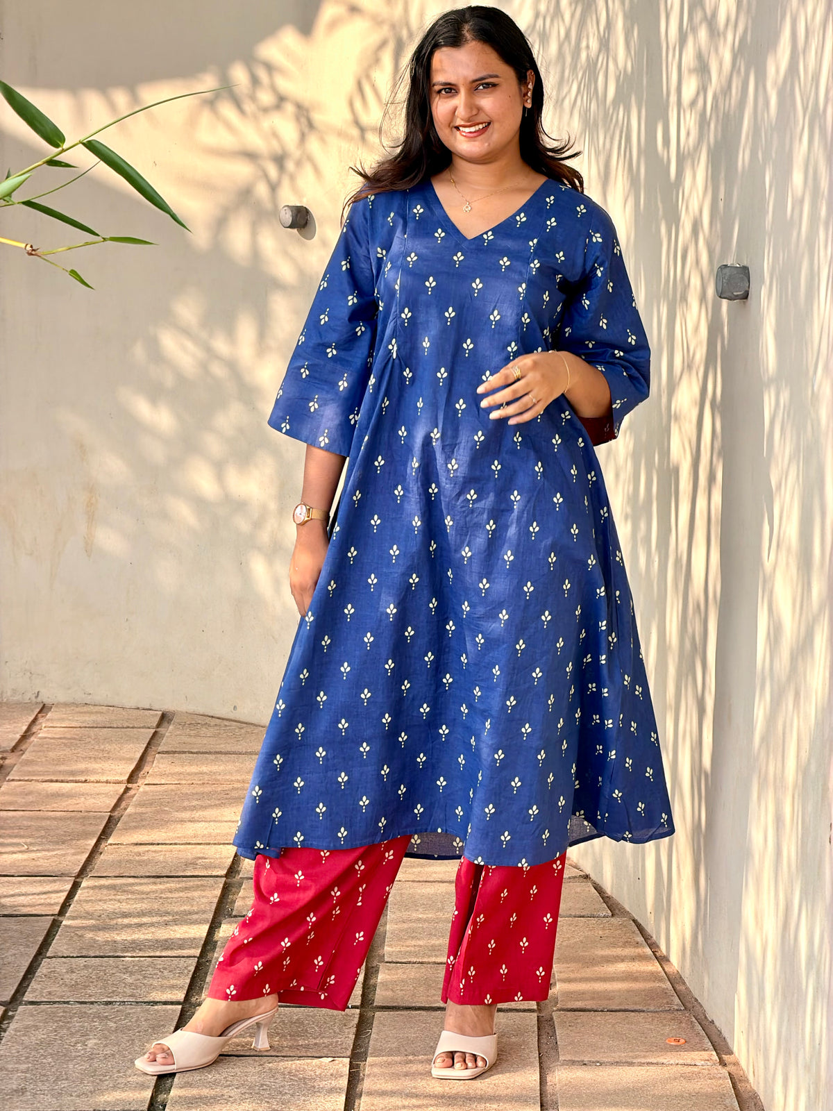 Tavishi | She Wardrobe Premium Hand Block Print Cotton Maternity & Feeding Cordset – Blue Floral Print